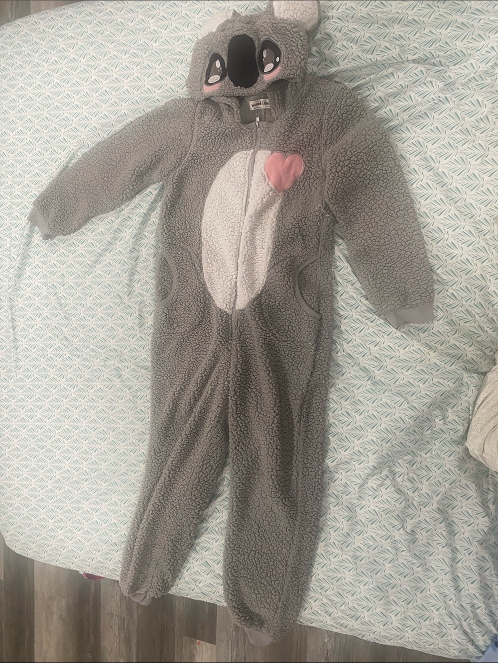 Gray Plush Koala Onesie Jumpsuit with Pink Heart